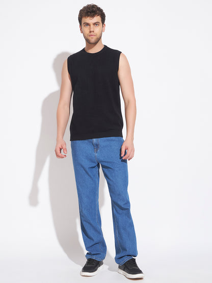 AEDENBURG Men Mixed Texture Panel Round Neck Sleeveless Regular Fit Knitted Cotton Blend Vest