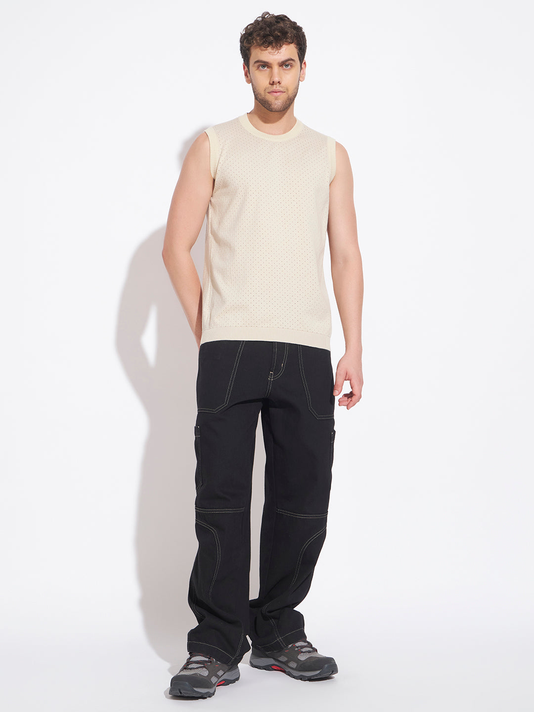 AEDENBURG Men Pointelle Knit Round Neck Sleeveless Regular Fit Knitted Cotton Blend Vest