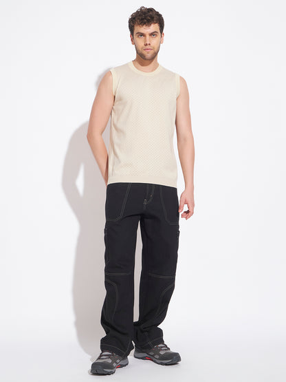 AEDENBURG Men Pointelle Knit Round Neck Sleeveless Regular Fit Knitted Cotton Blend Vest