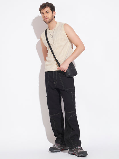 AEDENBURG Men Pointelle Knit Round Neck Sleeveless Regular Fit Knitted Cotton Blend Vest
