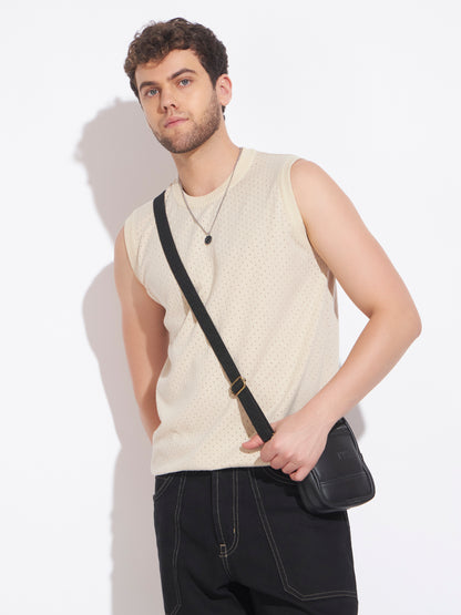 AEDENBURG Men Pointelle Knit Round Neck Sleeveless Regular Fit Knitted Cotton Blend Vest