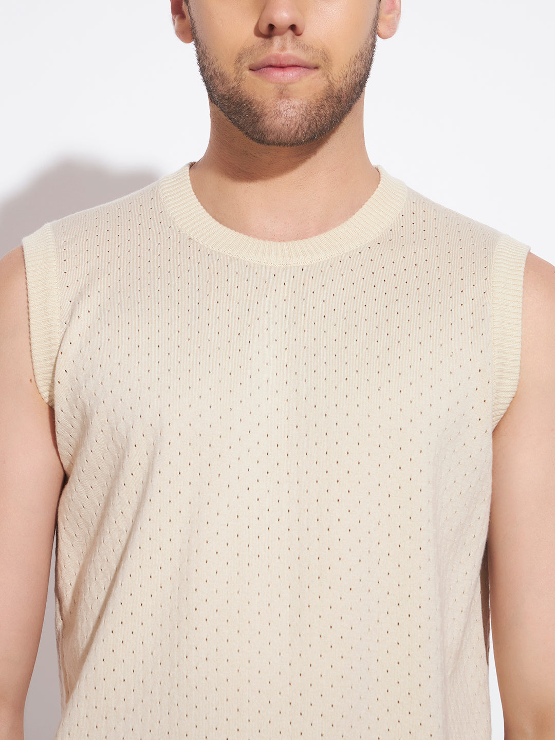 AEDENBURG Men Pointelle Knit Round Neck Sleeveless Regular Fit Knitted Cotton Blend Vest