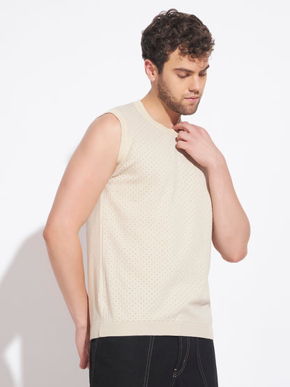 AEDENBURG Men Pointelle Knit Round Neck Sleeveless Regular Fit Knitted Cotton Blend Vest