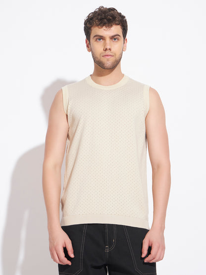AEDENBURG Men Pointelle Knit Round Neck Sleeveless Regular Fit Knitted Cotton Blend Vest
